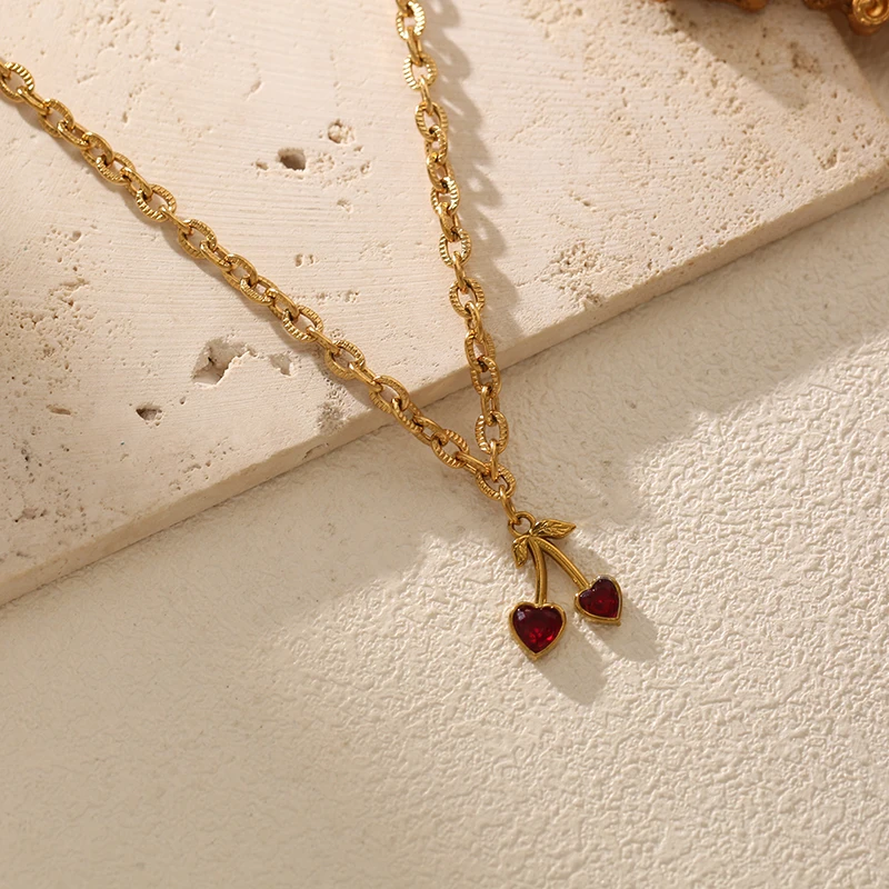 EILIECK 316L Edelstahl Herzförmige Kirsch-Zirkon Halskette Ohrringe Set für Damen Neuer Trendiger Wasserdichter Schmuck Damengeschenk – Detail 13
