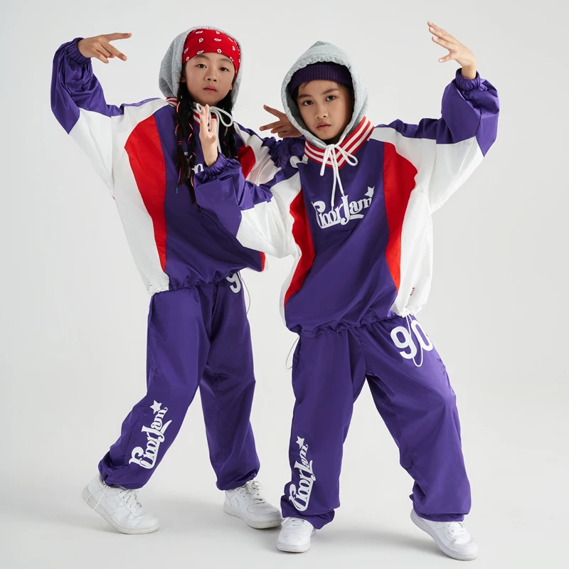 Ballroom Hip Hop Dance Costumes For Kids Loose Hoodie Purple Hiphop Suit Girls Streetwear Boys Jazz Dance Rave Clothes DQS14603