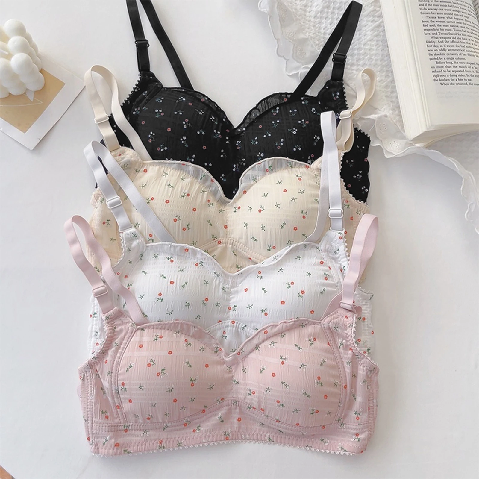 Underwear Cup Floral Print Cute Sweet Bra Aesthetic Panties Women Lingerie