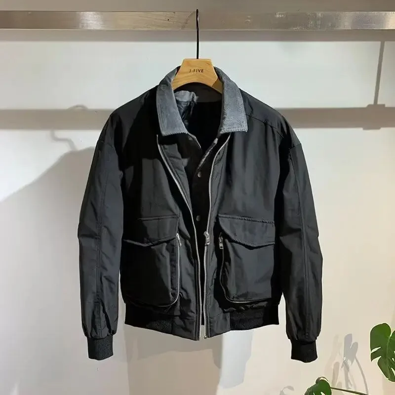 Men Black Cargo Bomber Jacket Corduroy Lapel Fake Two‑Piece Design Multi‑Pocket Loose Casual Outerwear
