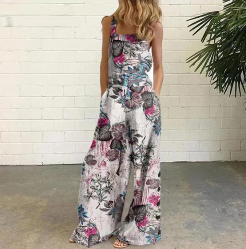 

Летний новый комплект: женские комбинезоны из хлопка и льна с принтом, на пуговицах, свободные, стройнящие, длинные брюки