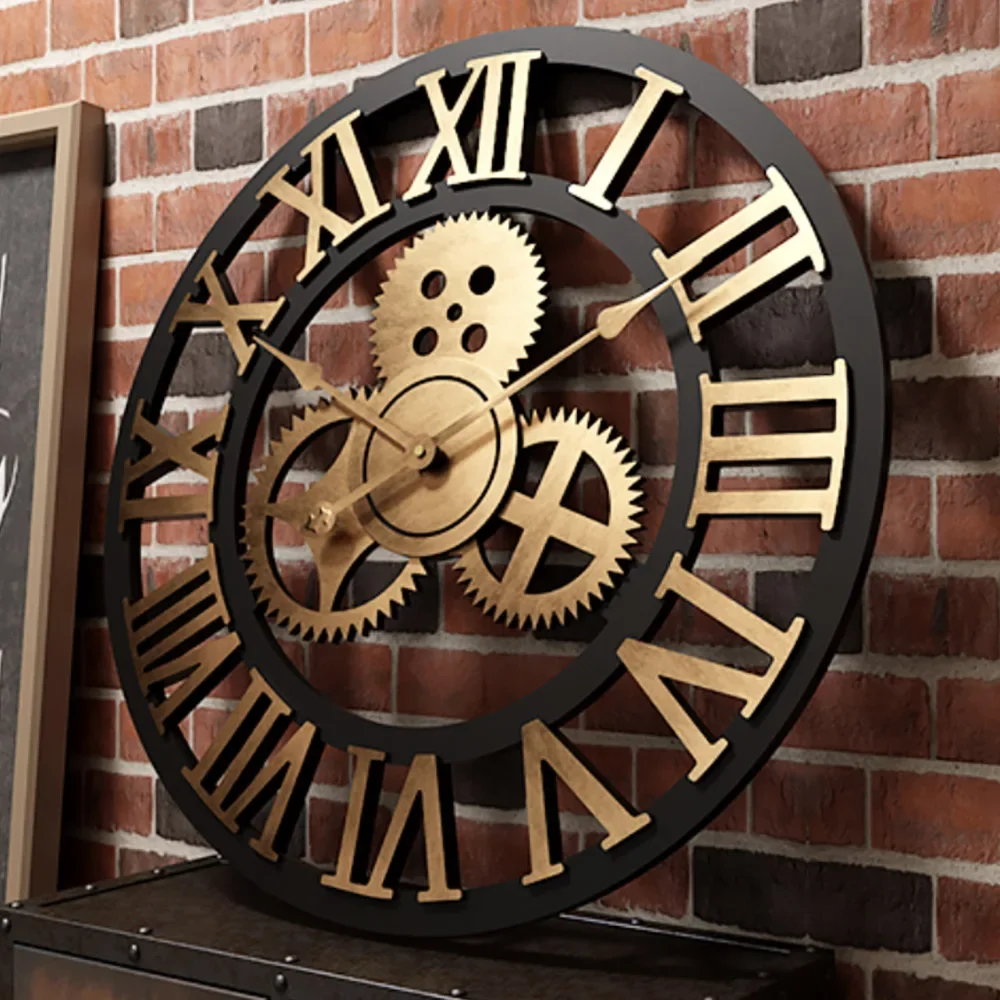 Gear Large Wall Clock Modern Design Clocks Quartz Time Mute Watch Wooden Decor 3D Vintage Horloge