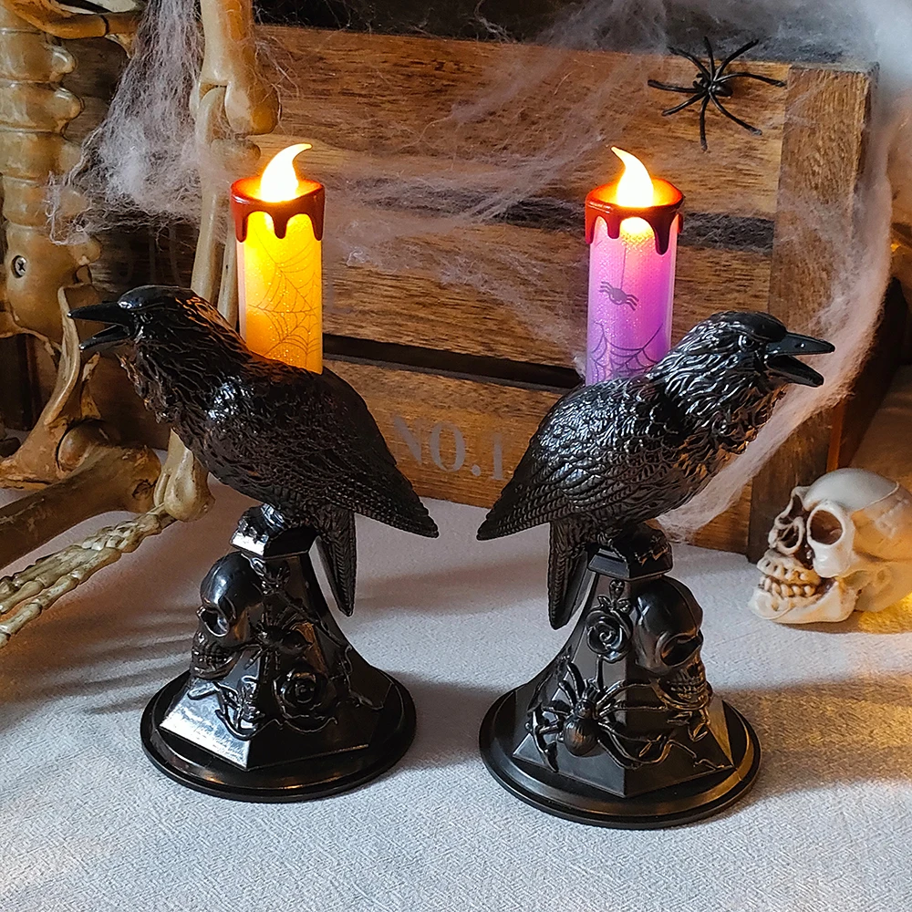 Lifelike Black Crow Statue Glowing Candlestick LED Candles Lights Halloween Home Decorations Raven Table Lamp Scary Ornaments