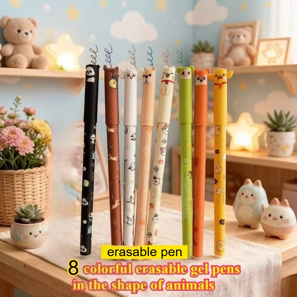 8pcs Animal-shaped Erasable Gel Pens with 0.7mm Tips for Smooth Writing and Clear Print. Practical and Fun,Cartoon Pen