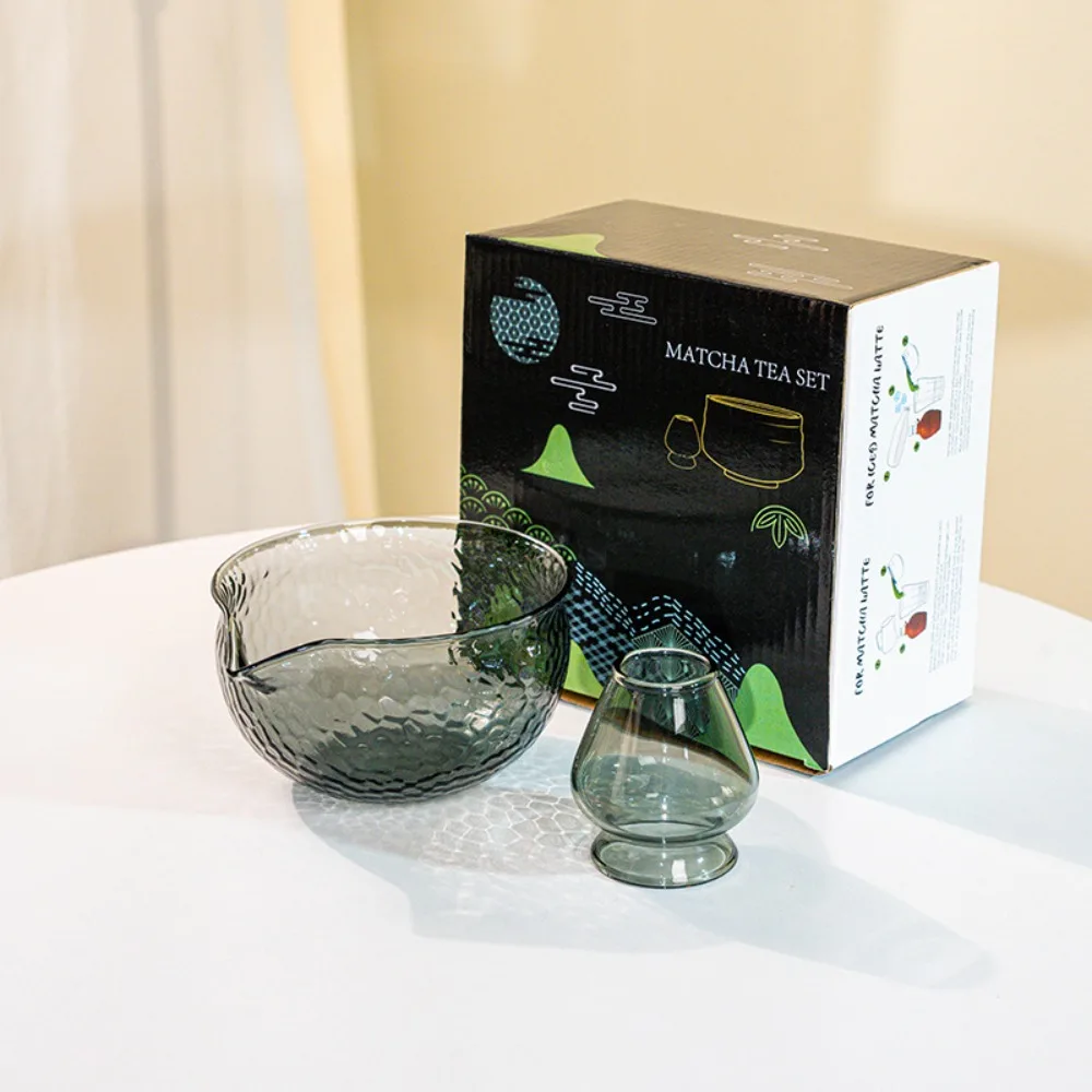 

New Glass Matcha Bowl Textured with Pouring Spout Japanese Tea Set Reusable Tea Bowls Tea Lovers