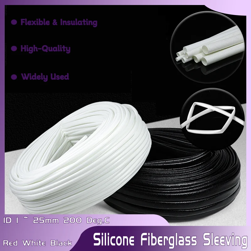 

1M ID 1 ~ 25mm Silicone Fiberglass Sleeving Flame Resistant Silicone Resin Insulate Cable Protect Tubing 200 Deg.C Fiberglass