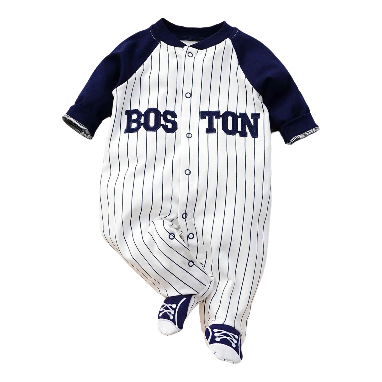 Newborn Baby Boys Girls Clothes Baseball Striped Rompers Long Sleeve Letter Printed Footed Jumpsuit Children Casual Activewear