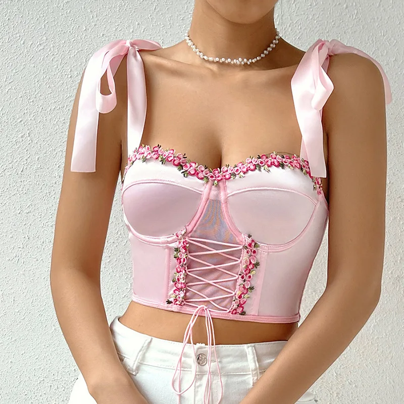 Women's Sweet Floral Bow Ribbons Tank Top, Sexy Lace Up Crop Top