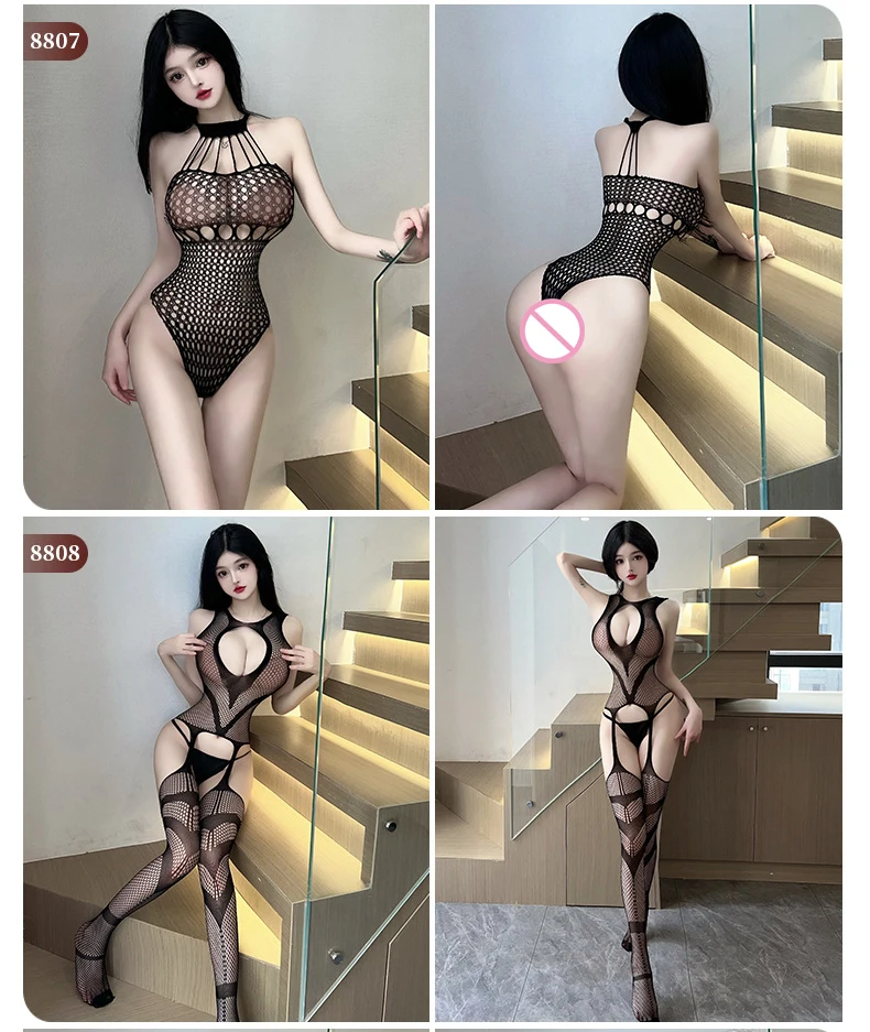 Women\'s Sexy Erotic Lingerie Porn Fishnet Mesh Bodysuit Female Perspective Sex Crotchless Hollow Out Stretch Teddy Bodystockings