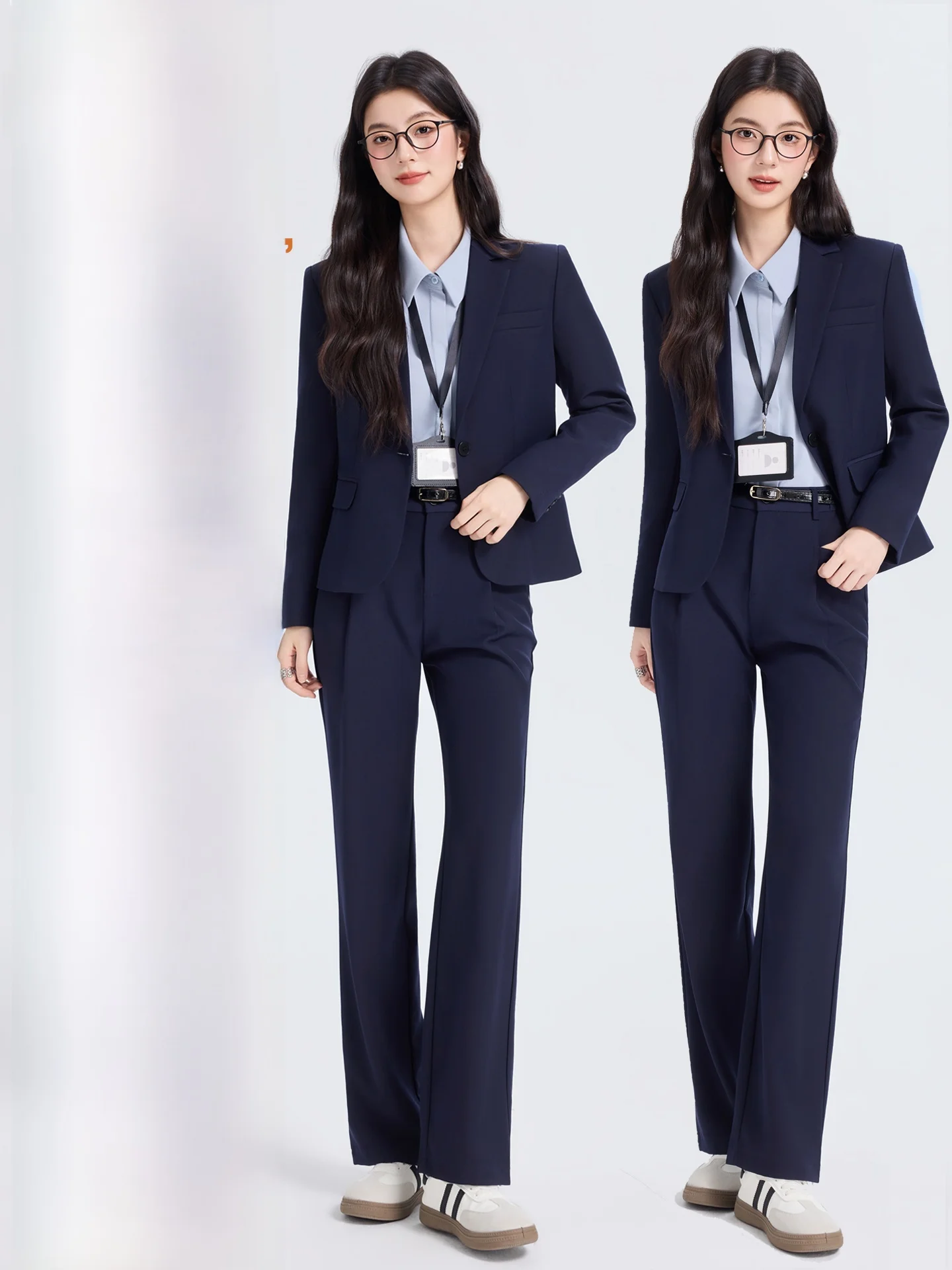 

Комплект женского делового костюма малого размера, темно-синий, для весны, для профессиональных собеседований, карьеры, официальных мероприятий, поездок на работу, из полиэфирного волокна