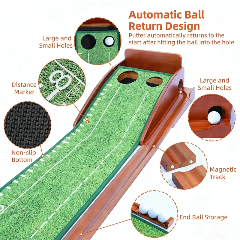 Professional Golf Putting Mat with Automatic Ball Return, Wooden Indoor Putting Practice Trainer