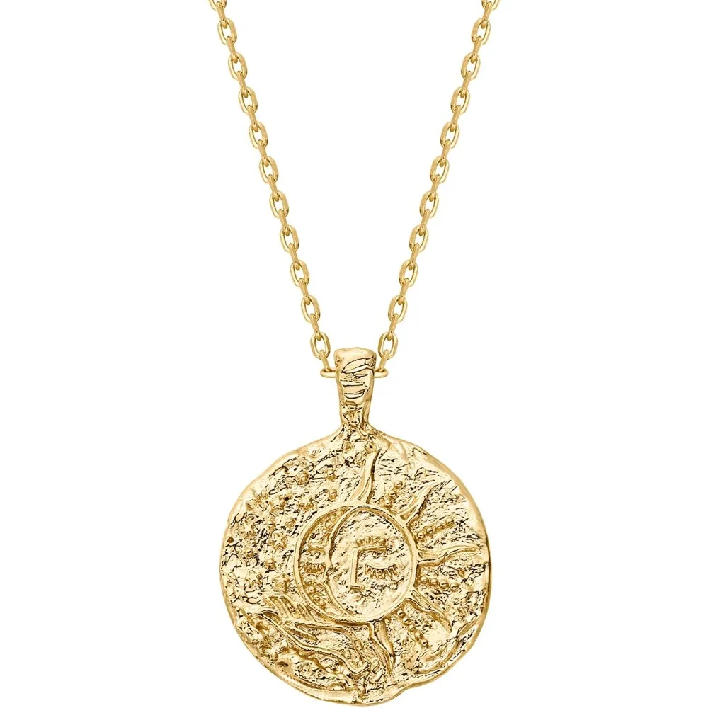 

14K Gold Plated Byzantine Coin Pendant Necklace for Women – Adjustable 20" Boho Moon Star CZ Jewelry Gift