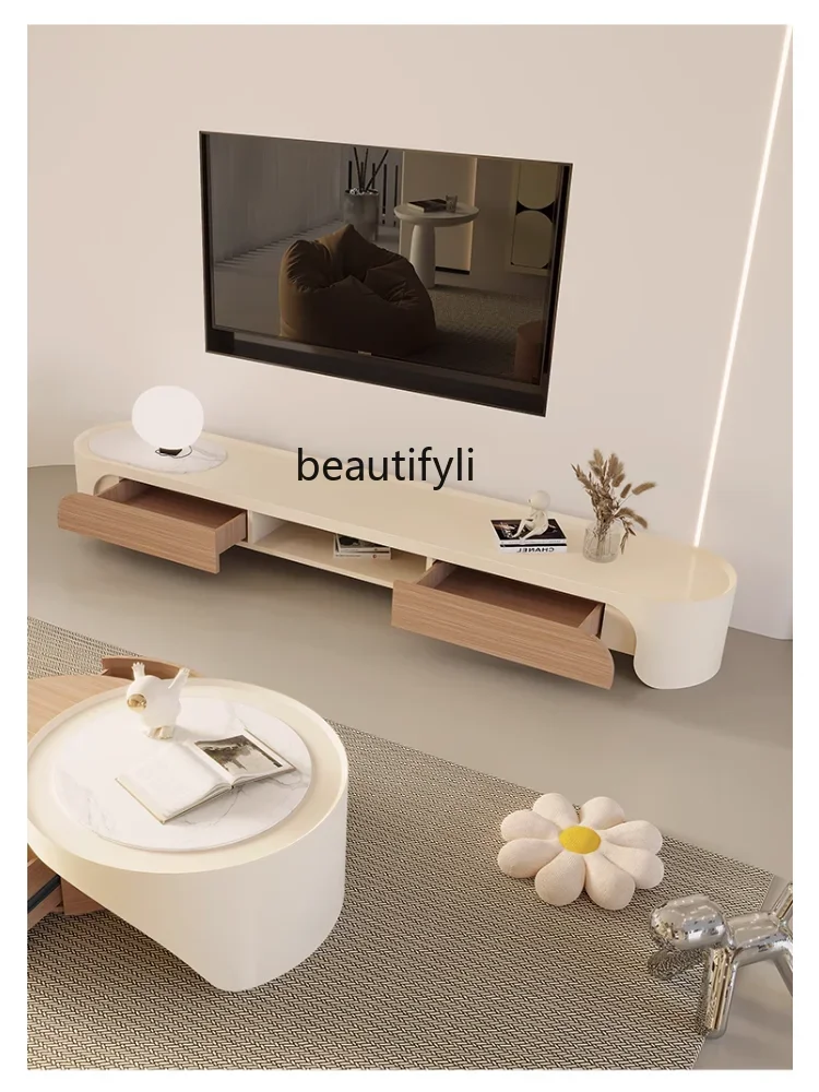 Light Luxury Stone Plate TV Cabinet and Tea Table Combination  Small Apartment Living Room Bedroom  French Style Floor Cabinet