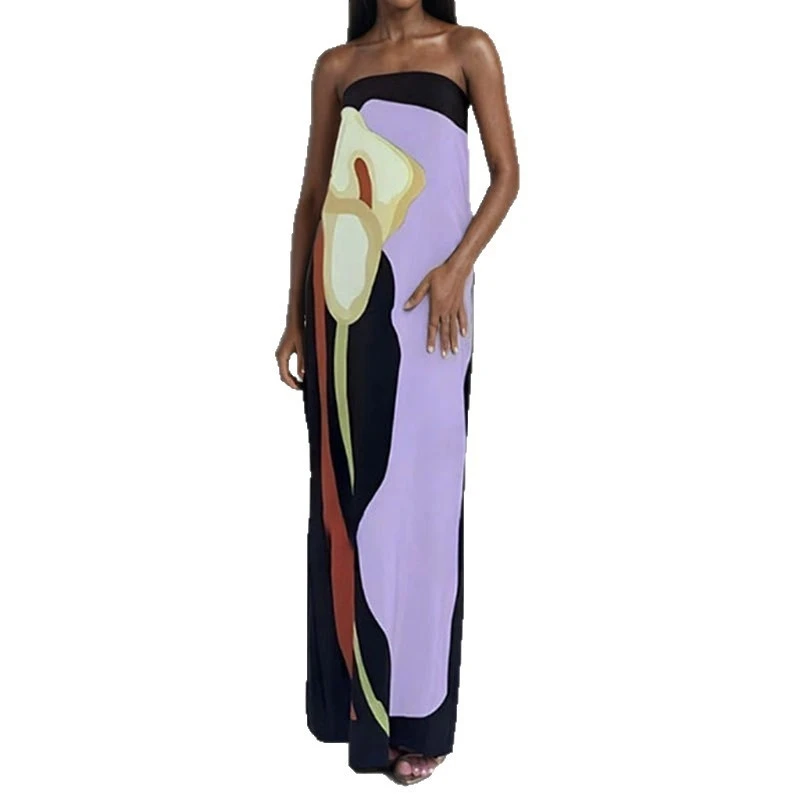 ノースリーブオフショルダーストラップレスドレス レディース 2025 春夏 セクシー バックレス プリント ボディコン ミディドレス