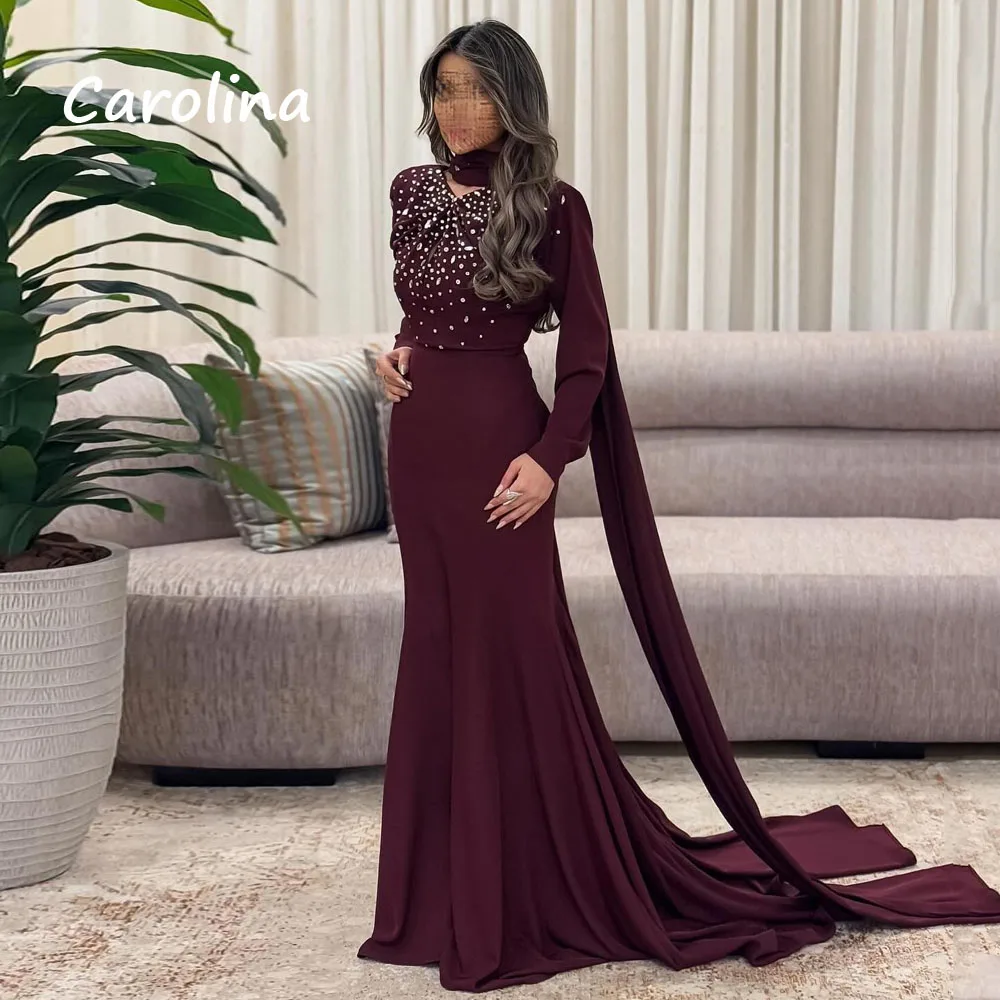 Carolina Burgundy V-Neck Arabia elegant Chiffon Party Dresses 2024 Floor-Length Long Sleeves Evening Gowns فساتين سهرة