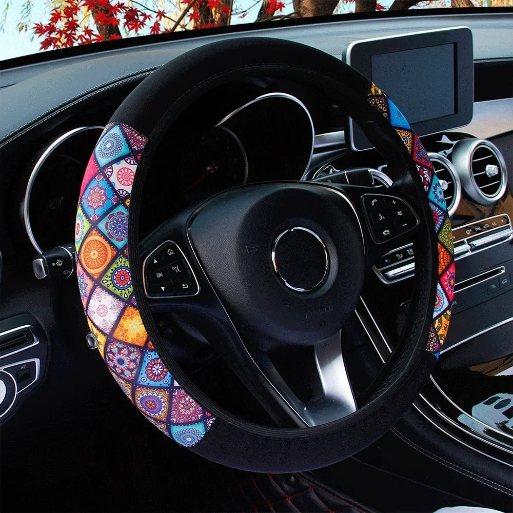 Diving cloth printed car without inner ring steering wheel cover cherry blossom chrysanthemum grid spider web 38CM