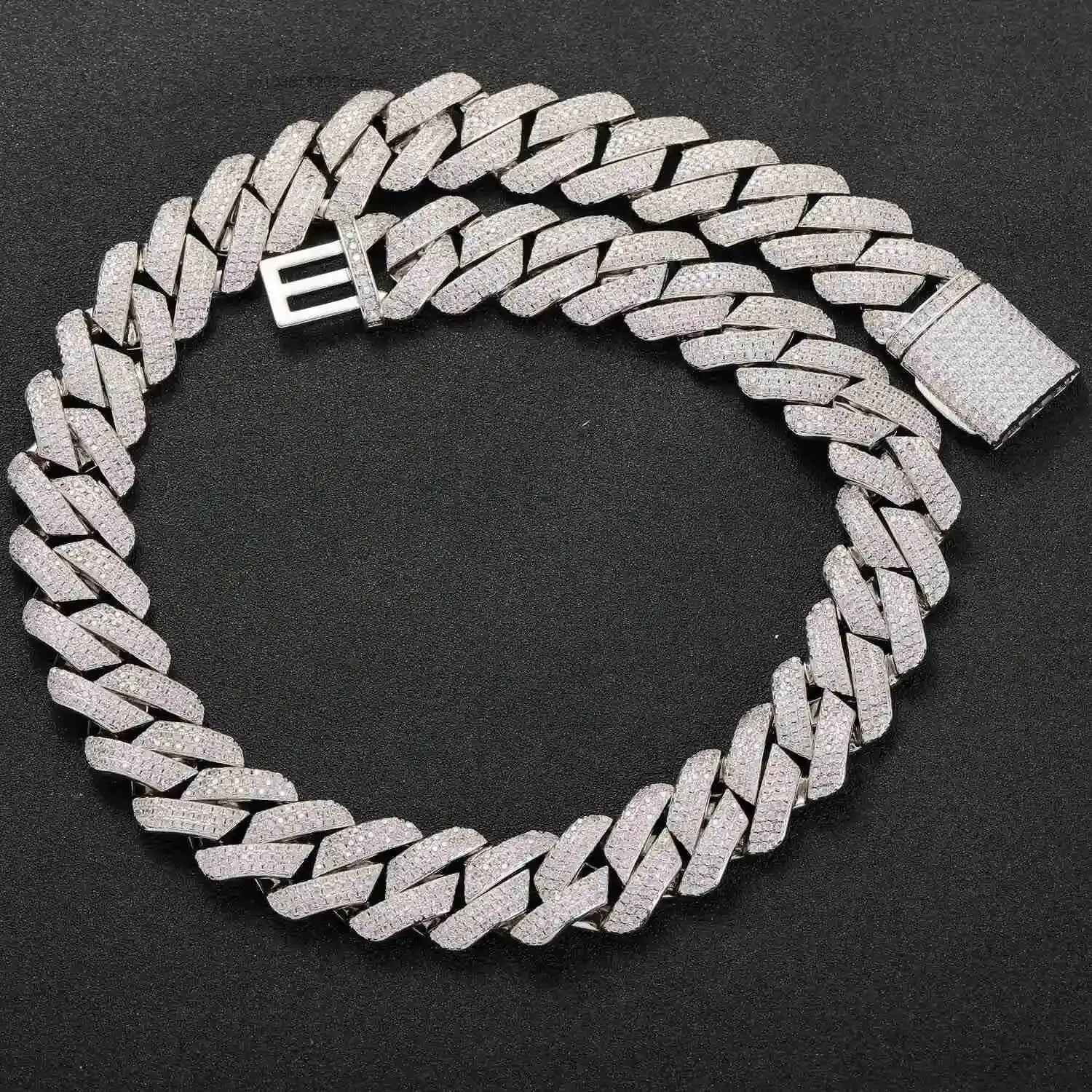 Luxury 925 Silver Moissanite 20mm Three-Row Diamond-Shaped Cuban Chain Men's Necklace Custom-Made Certificate.