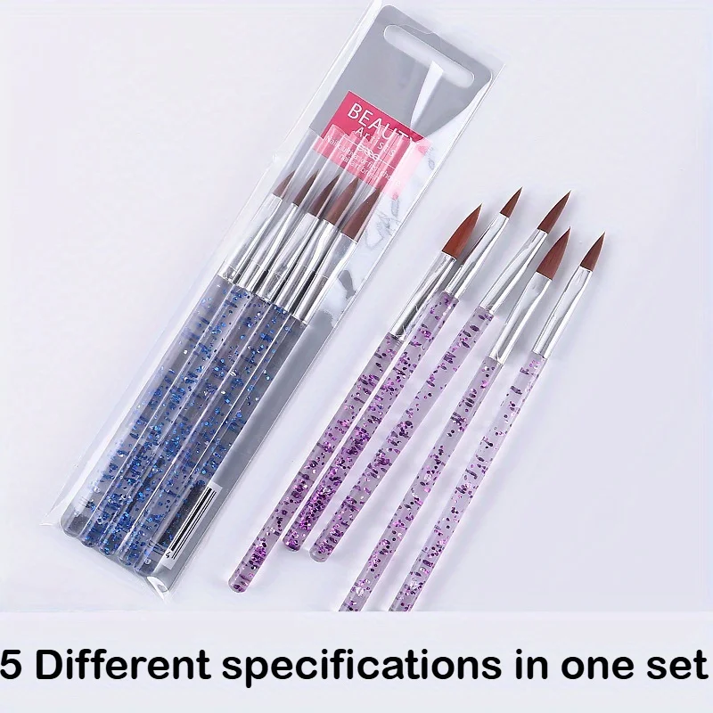 5 Pcs Crystal Handle Acrylic Powder Nail Brushes UV Gel Drawing Painting Brushes Carving/Extension Pen Professional Nail Tools