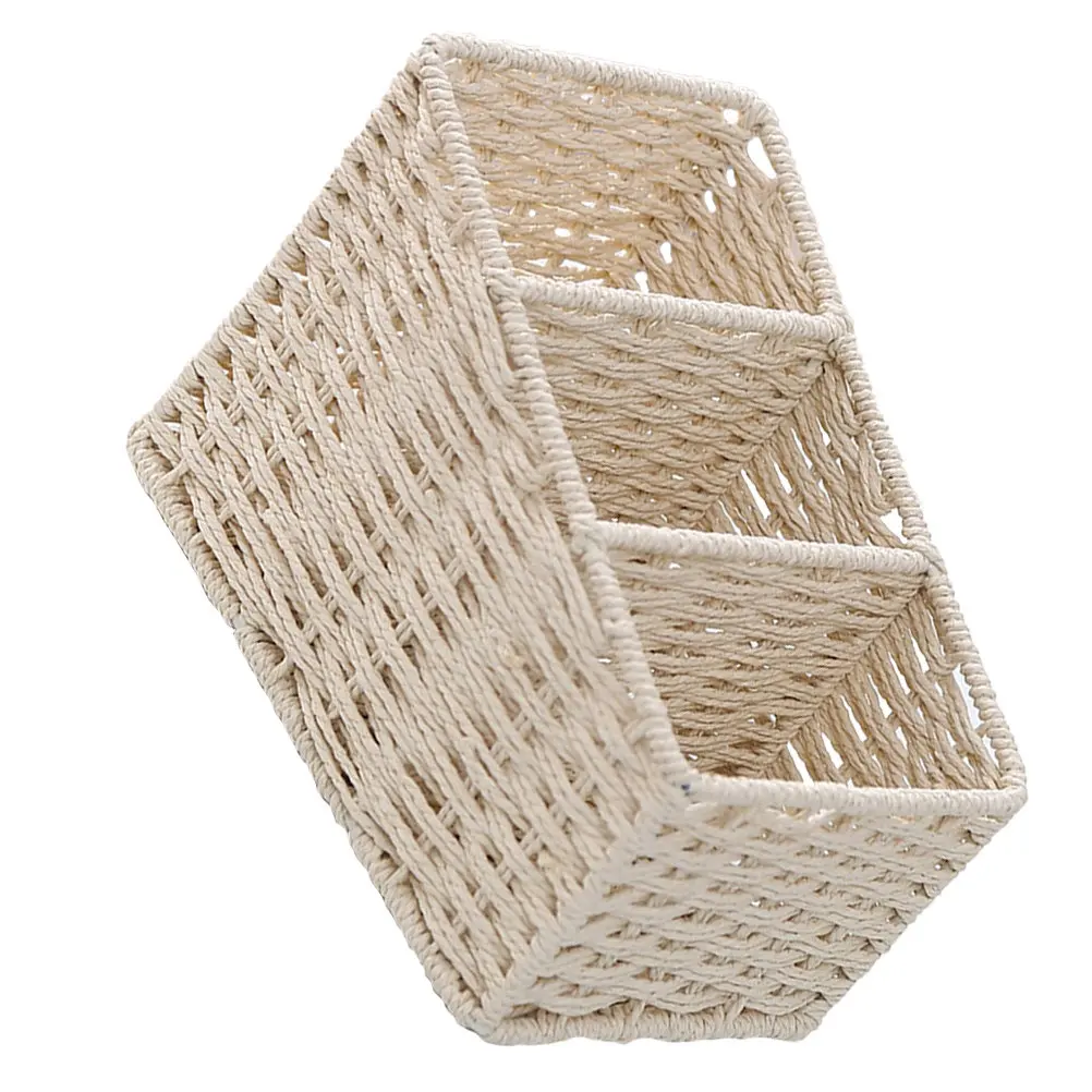 Desktop Storage Box Trapezoidal Shape 3 Compartments Simulated Hand-Woven Basket Waterproof Plastic Organizer Stable Iron Frame