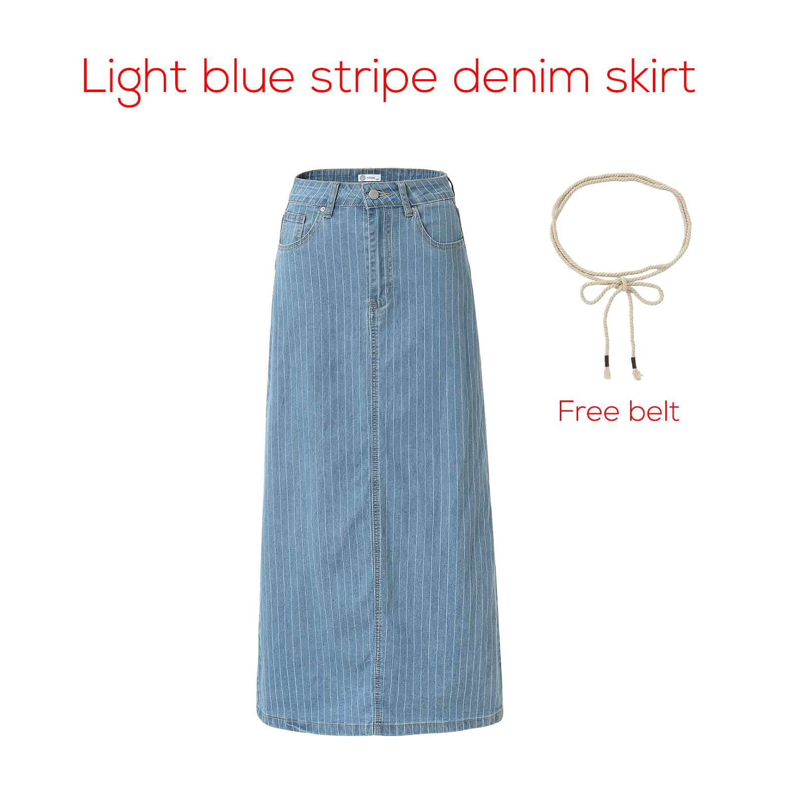 Denim Skirts for Women Elegant Cotton Denim Jean Skirt Casual Midi Style - Light Blue Stripe