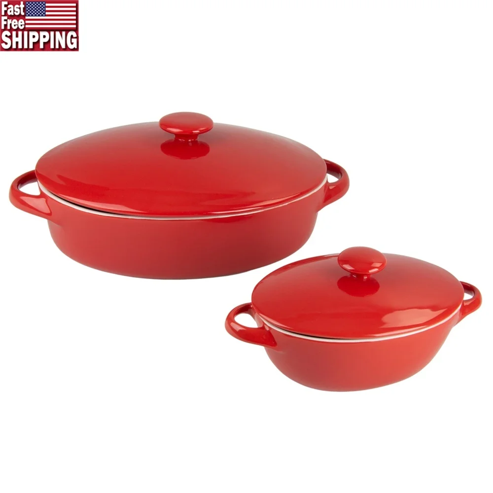 

Durable Stoneware Casserole Dish Set of 2 Microwave Oven Dishwasher Safe Knobbed Lids Easy Handling Kitchen Essential