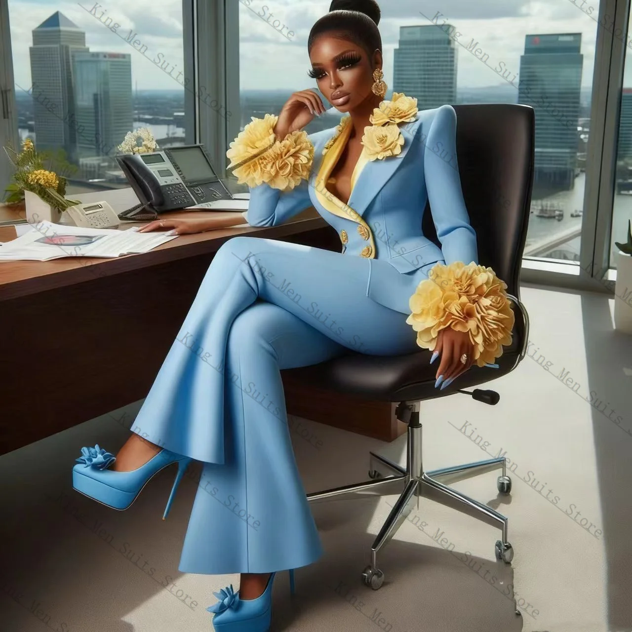 Light Blue Women Suit Set 2 Pcs Blazer+Pants Trousers Ruffles Sleeves Customized Formal Guest Wedding Tuxedos Coat Jacket