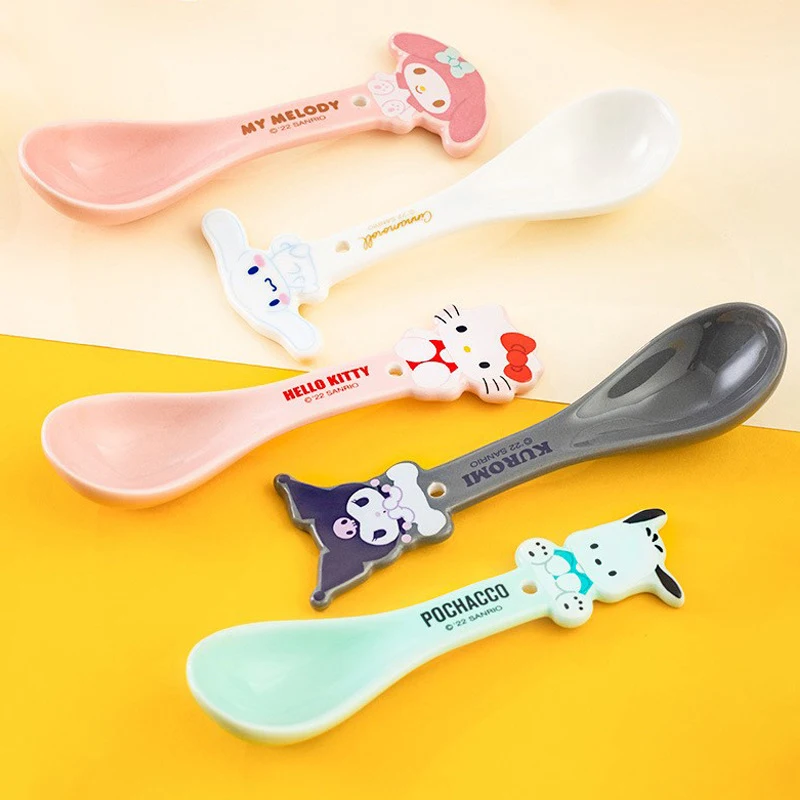 Sanrio Anime Hello Kitty Ceramic Spoon Kawaii Figure Melody Kuromi Cartoon Coffee Spoon Children's Cake Soup Spoon Kids Toy Gift