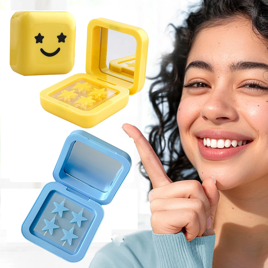 Blue/Yellow Stars Hydrocolloid Pimple Patches with Mirror Storage Box,Acne Spot Stickers For Face,Temporary Mirror Makeup Tool