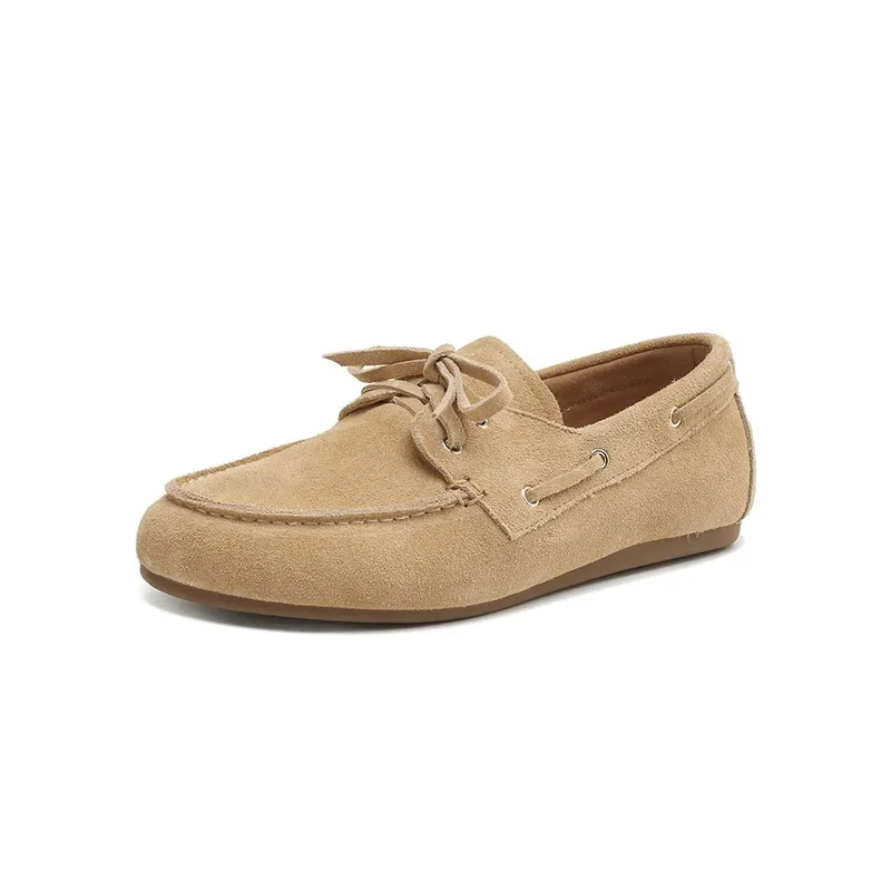 

2026 New Fashion Women Flat Shoes Genuine Leather Spring Autumn Lady Casual Lace Up Shoes Oversizes Size Apricot Brown Flats