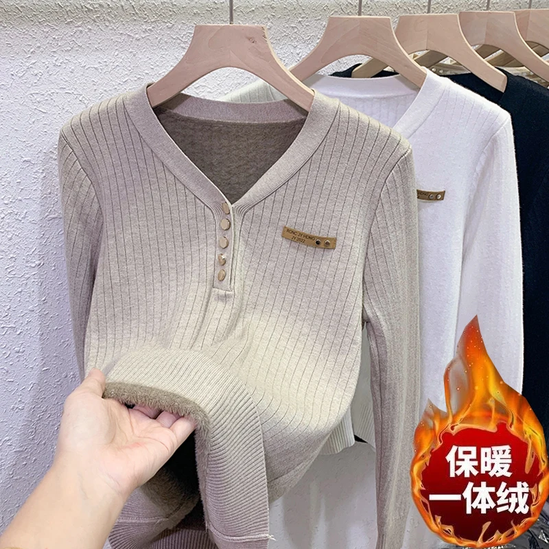 

Утепленный вязаный женский топ с V-образным вырезом, осенне-зимний, теплый, облегающий, модный, в корейском стиле, с длинным рукавом