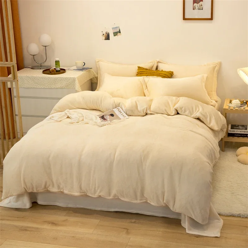 150/180/200CM Beige Coral Velvet Bed Sheet Duvet Cover Pillowcase Four-piece Winter Autumn Bedding Set M045-8