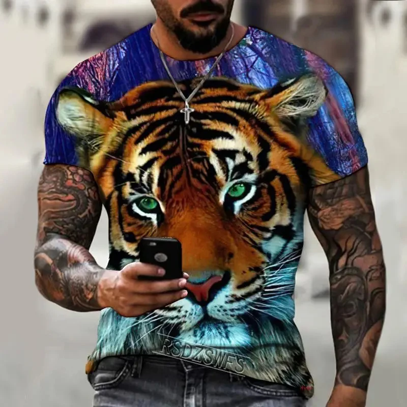 2024 New Men's Crew Neck Printed Tiger Pattern Short Sleeve T-Shirt Summer Casual Oversized Men Top Y2K Style Breathable T-Shirt