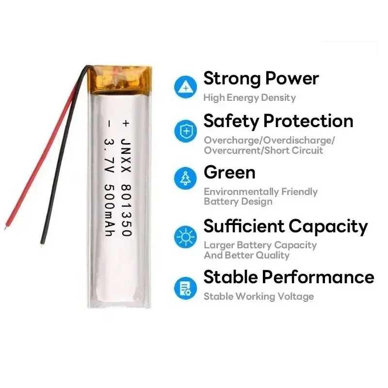 New 801350 3.7V Rechargeable Polymer Lithium Battery 500mAh Suitable for Small Fan Electric Toothbrush Bluetooth Headset GPS