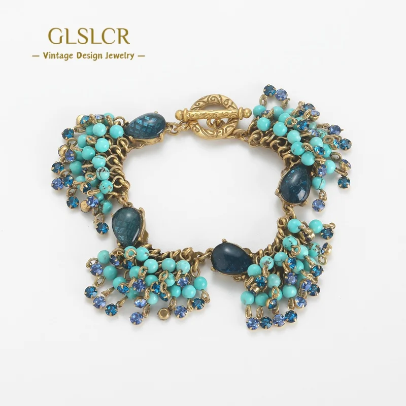

Vintage Turquoise Handmade Bracelet Beads For Women Gold Color Blue L Crystal Uxury Dubai Brand Jewelry Bohemia Prom Summer