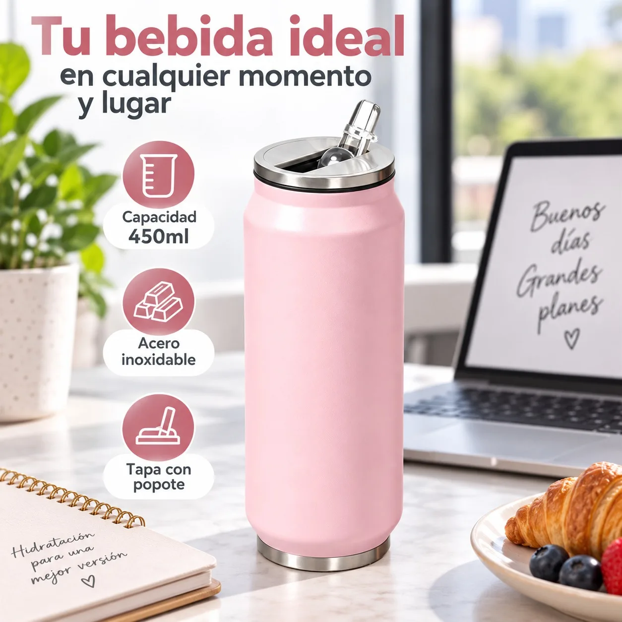 Thermos in acciaio inossidabile con coperchio e cannuccia, capacità 450 ml, tazza termica con isolamento a temperatura costante, ideale per l’auto, l’ufficio, i picnic e per essere utilizzata con il