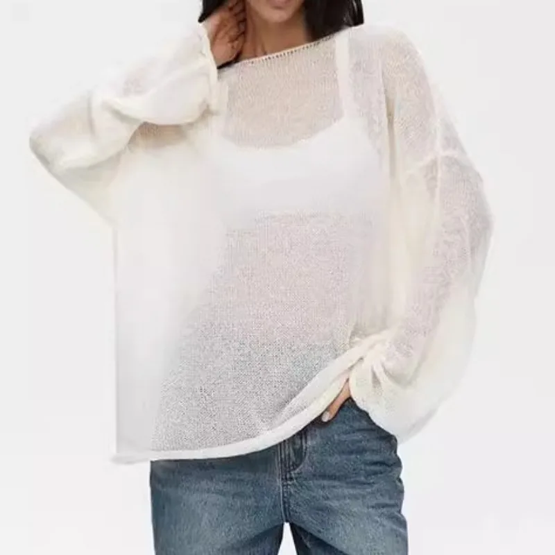 OCEANLOVE Thin Sweater Women Tops Solid Transparent Spring Summer Sunscreen Pull Femme American Fashion Loose Pullovers