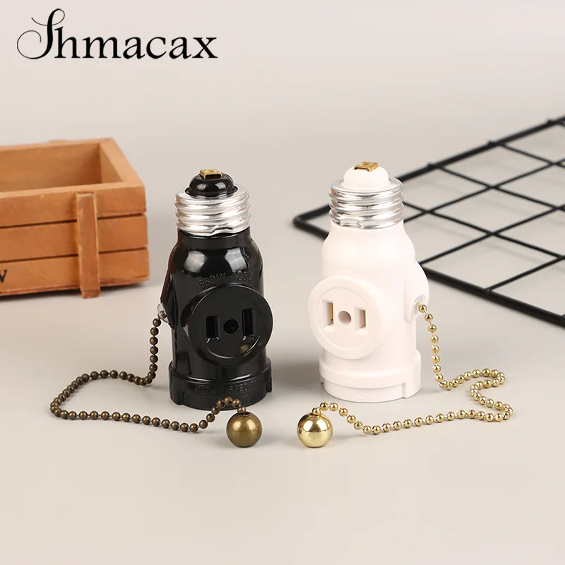 White Black Bakelite L5-15R US to E26 Light Bulb Socket With 15CM Pull Chain Switch America Lamp Holder Conversion Base