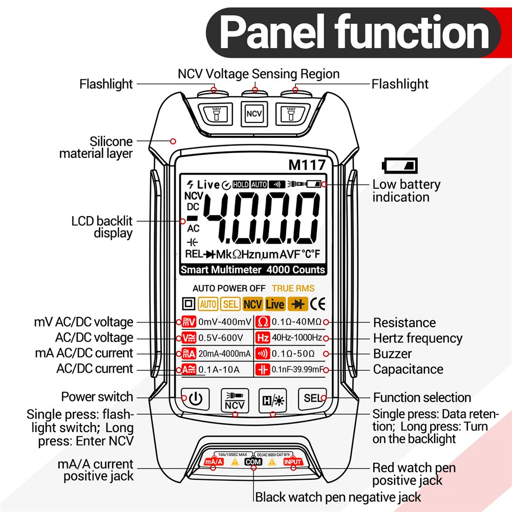 M117 Multimeter Digital Multimeter AC/DC Voltage Current Meter High Precision Multi function Intelligent Electrician Meter