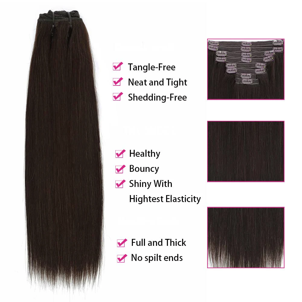 كليب في وصلات الشعر شعر بشري حقيقي بني داكن قسط الشعر البشري كليب في ملحقات وصلات شعر مستقيمة 8 قطعة كليب Ins #3