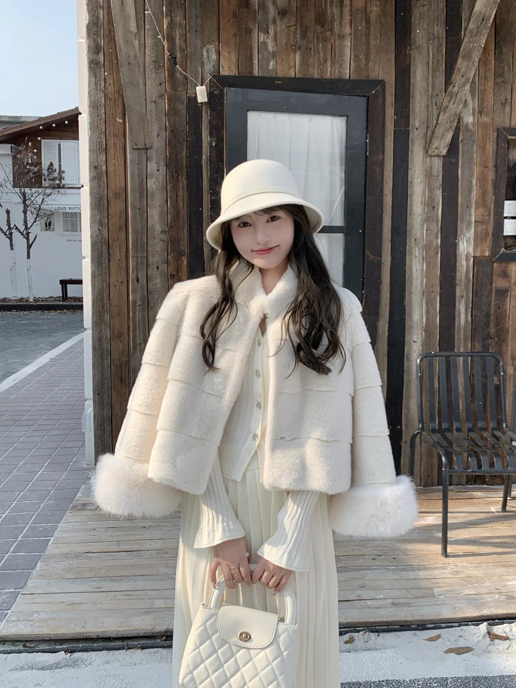 Manteau ample en Faux poils de vison pour femme, col rond, manchettes en fausse fourrure de renard, manches longues, vêtements d'extérieur courts et doux, automne et hiver