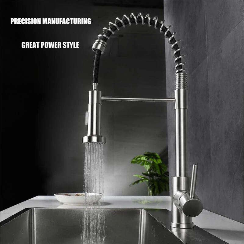 American Kitchen Stainless Steel Drawing Spring Pull Hot And Cold Sink Faucet