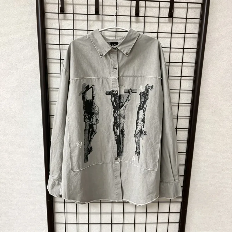 Heavy Duty Washed Worn Out Patchwork Saint Shirts Custom Cross Iris Retro Hardware Men Women Oversize Button Up Cardigan Jacket