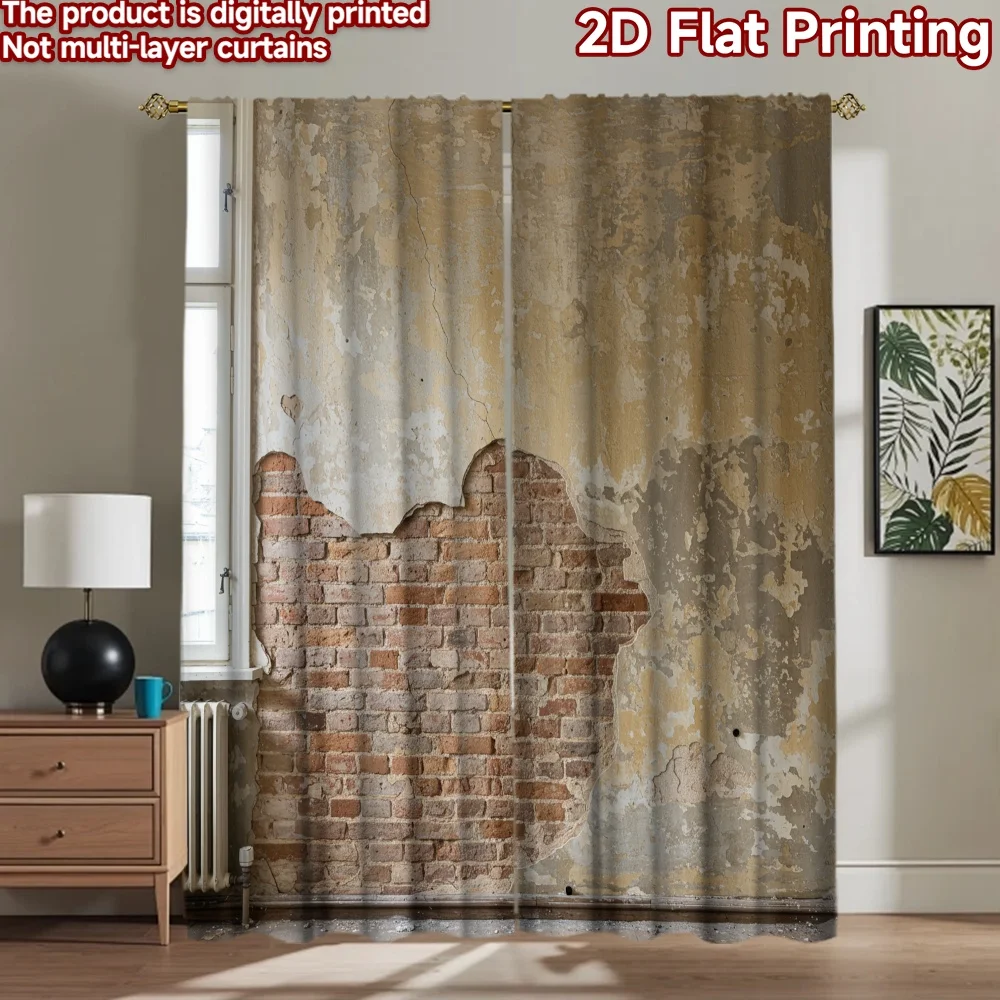 2D flat 2pcs Curtain Retro Country Style Cracked Plaster Brick Wall Durable polyester fiber Holiday Decorations Perfect for