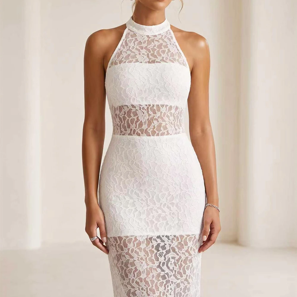 Women's Elegant Halter White Lace Nightgown Lined Inner Sleeveless Hollow Long Dress Sexy Backless Bodycon Slim Evening Gown