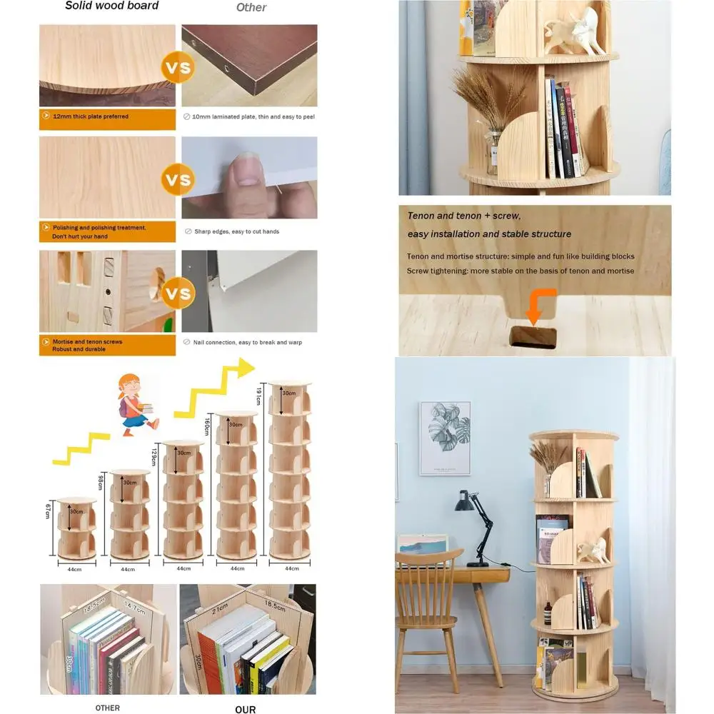 

360° Rotating 4-Tier Wooden Bookshelf Organizer, Stackable Storage Rack for Books, Floor Standing Display Shelf for All Ages (51