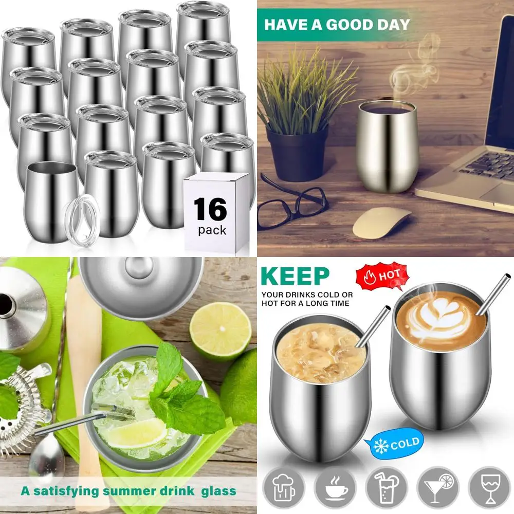 

Set of 16 Insulated Stainless Steel Wine Tumblers, 12 oz Double Wall Vacuum Stemless Mug Glasses for Cold Beverages