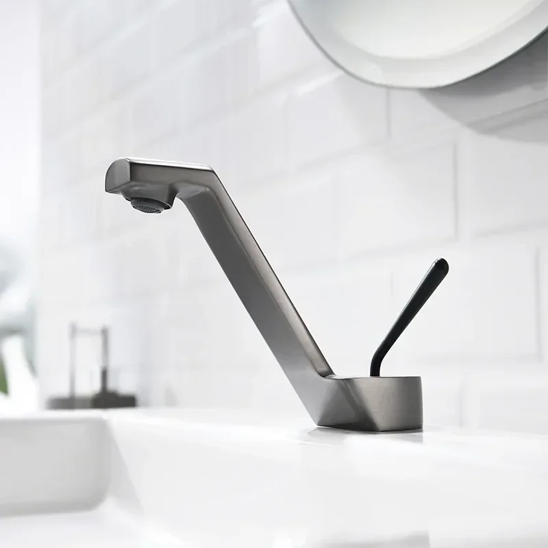 Brass Bathroom Basin Faucet - Brushed Rose Gold/Grey Tilt Handle, Hot/Cold Mixer Tap, Water-Saving