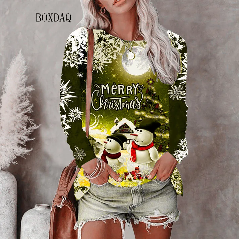 Christmas Style Women T-shirts Autumn Winter Long Sleeve 3D Christmas Snowman Print Street Hip Hop Ladies Tees 6XL Big Size Tops