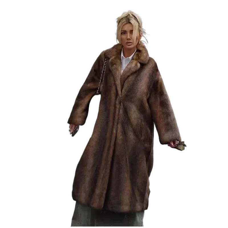Women's Autumn Winter Faux Fur Coat Long Trench Coats Suit Collar Retro Fur Jacket Simple Design Fashion Soft Versatile Loose