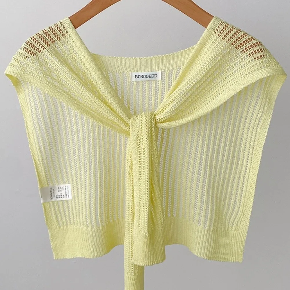 

Fashion Summer Knitted Shawl Solid Color Casual Thin Knotted Cape Versatile Lace Hollow Shoulder Scarf for Women